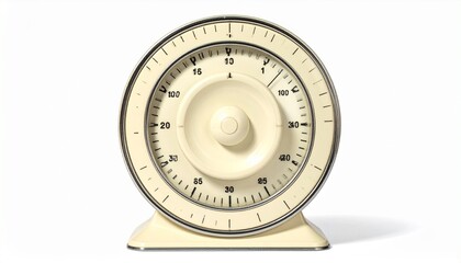 Cream-colored vintage analog clock showing 12:30 with black and red numerals on round face and classic base