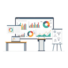 Obraz premium Business Presentation with Charts and Graphs on Screen, Podium, Laptop