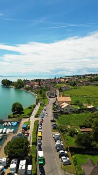 Lake Geneva shore Switzerland Lavaux vineyard terraces UNESCO World Heritage site aerial drone