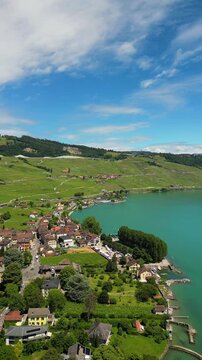Aerial view Lavaux region in Switzerland terraced vineyards slope down to the shores of Lake Geneva