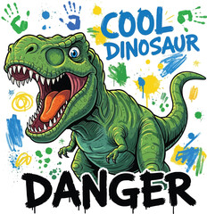 Roaring cool dinosaur graphic design with danger text and colorful paint splatters © Rakib