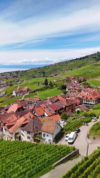 Lavaux vineyard terraces in Switzerland UNESCO World Heritage site aerial drone