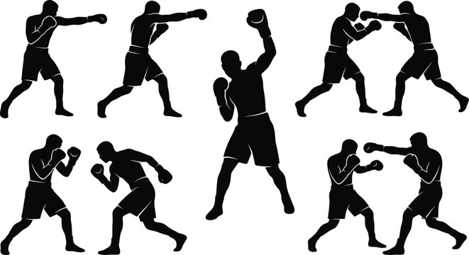 Professional Boxing Silhouettes, Fighters Sparring and Shadow Boxing Action