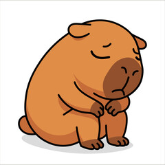 Sad cartoon capybara sitting in melancholy pose expressing sorrow and loneliness. Cute illustration of world largest rodent for mental health concepts and depression isolated on white.