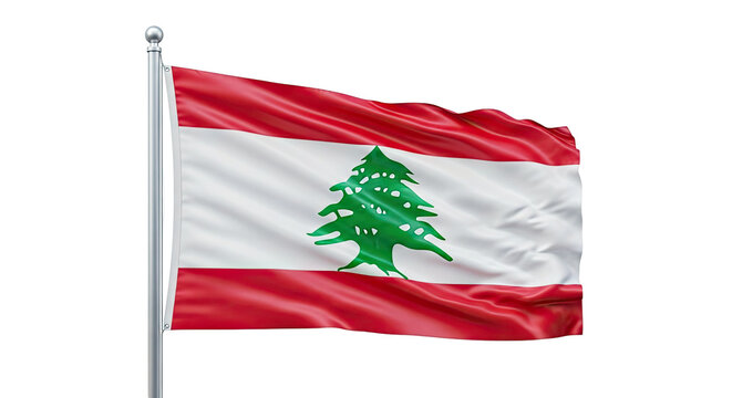 Waving flag of Lebanon with cedar tree symbol on flagpole