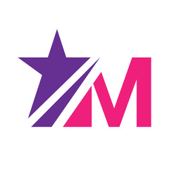 Obraz premium the design depicts a flat logo of a letter M in combination with a star shape and a single line in bright pink and deep purple color that looks modern on a white background 