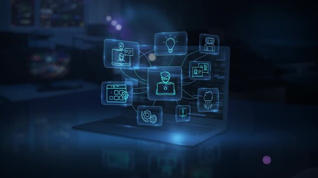 Software developer working with virtual interface and connected icons