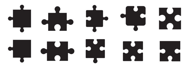 Naklejka premium Puzzle icon elements. Puzzle pieces icon simple line vector. Puzzle jigsaw outline icons on white background. puzzle piece vector icon set and silhouette art isolated on white background. 