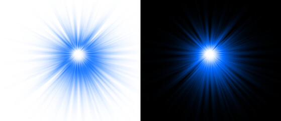 Obraz premium Deep blue energy burst with radiant rays and glowing star flare isolated on transparent and black background variations