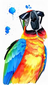 Cool Macaw Parrot Wearing Sunglasses and Splattered with Blue Paint