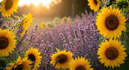 Fototapeta premium A vibrant field of sunflowers and lavender blooms bathed in the golden light of sunset