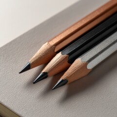 Obraz premium Three colored pencils in shades of copper, black, and silver arranged on a smooth gray surface with a subtle texture and soft lighting