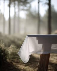 White Linen Tablecloth In Forest Setting