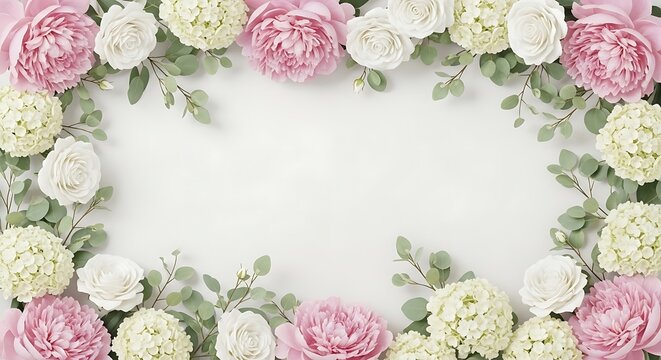 A delicate floral arrangement of peonies hydrangeas and roses forms a soft rounded frame