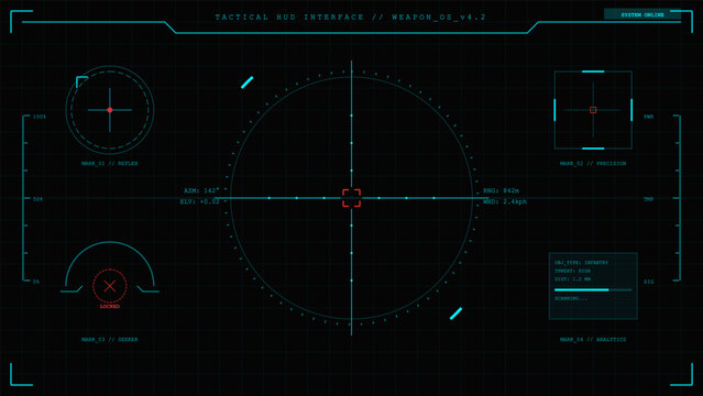This design showcases a tactical heads-up display used in weapon systems. It includes target information, status indicators, and functional controls commonly found in military settings.