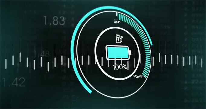 Circular battery HUD charging and discharging after plug icon triggers fill, showing charge data