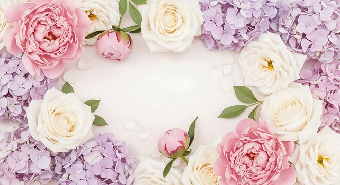 A delicate floral arrangement featuring roses peonies and hydrangeas in pastel shades forming a frame