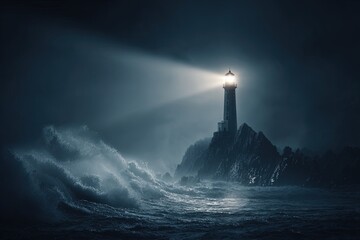 Lighthouse Beacon In Stormy Night Ocean