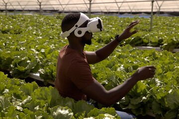 Man kneeling wearing virtual reality headset, manipulating hydroponic lettuce at greenhouse © wavebreak3