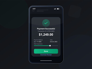 The screen displays a payment confirmation indicating a successful transaction of $1,249. Options to download the receipt and rate the experience appear below the details.