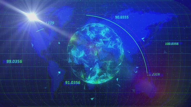 Data pulse starting arcs, polygonal globe rotating and reflecting flare, visualizing live analytics