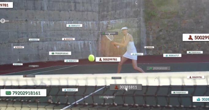 Woman player shifting swinging racket to return ball entering from left for tennis HUD highlighting