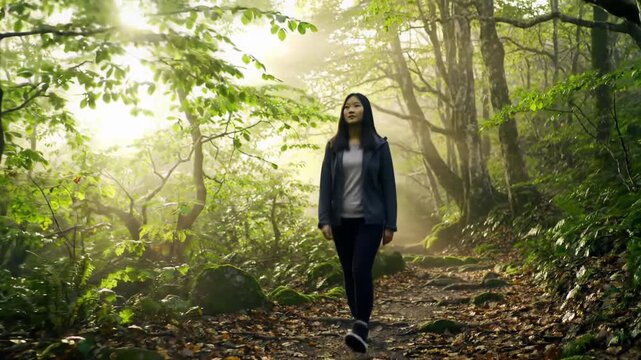 Smooth tracking video on a serene, mist-kissed forest path with dappled golden hour light, lush green canopy, and glistening dew, inviting journey through nature. Concept of restorative peace