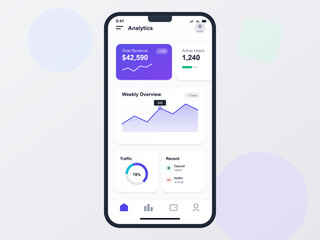 Data visualization on a mobile device features total revenue, active users, and weekly overview statistics. The design shows key performance metrics in a simple interface.