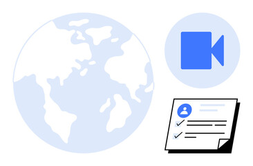Remote work, online learning, global connection, virtual meetings, digital identity, collaboration. World map, camera icon checklist document. Global connection and virtual meetings concept