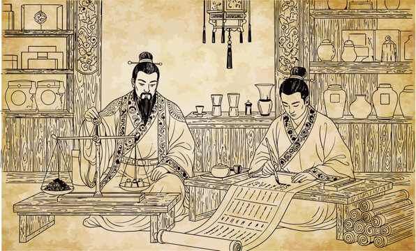 Ancient Chinese scholars or apothecaries working with scrolls and scales in a traditional setting.