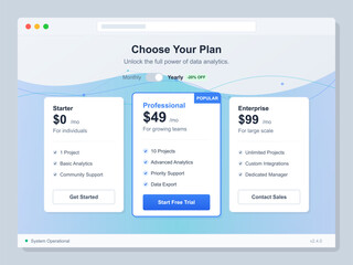 This graphic displays subscription plans for a data analytics service. Options include starter, professional, and enterprise plans with different features and pricing.