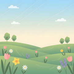 Fototapeta premium Simple flat illustration of green rolling hills with spring wildflowers and trees
