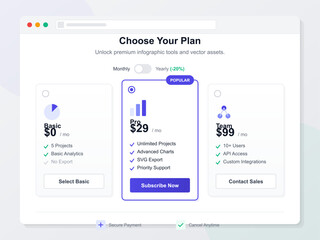 A web interface displays different subscription plans for infographic tools. Options include Basic, Pro, and Team plans with various features and pricing.