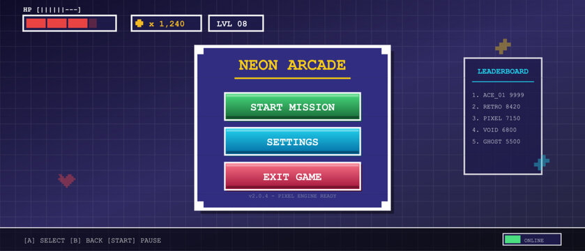 A neon arcade game interface displays options for players, including start mission, settings, and exit game on a vibrant digital screen designed for engaging gameplay.