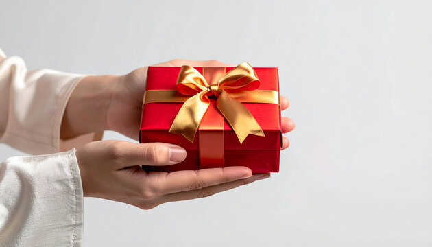 Side view of hands holding a luxurious red gift box with golden bow, festive surprise concept on neutral background
