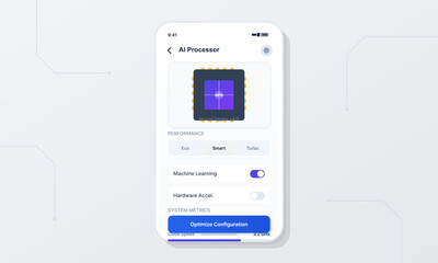 An interface on a mobile device shows settings for an AI processor. Performance modes and system metrics are available for user control. Options include machine learning and hardware acceleration.