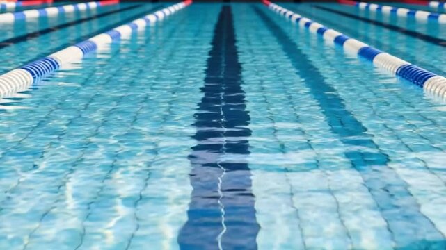 A swimming pool with blue water and lane dividers floating on the surface
