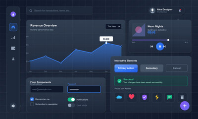 Dashboard displays a revenue overview with a line graph illustrating monthly performance data. Interactive components include buttons and notifications for user actions.