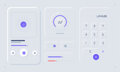 A clean and modern control panel layout features buttons, sliders, and a digital display for user interaction. Designed for applications in technology or home automation.
