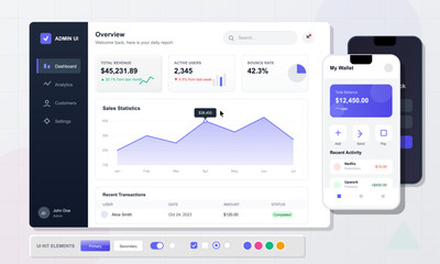 A vector illustration showing a user interface for a financial application. It features a dashboard with total revenue, user statistics, and recent transactions.