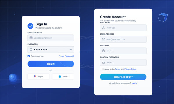A vector illustration showing a user interface for account sign-in and registration. The design features two sections for inputting email and password details.