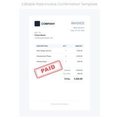 Professional business invoice template with paid red stamp