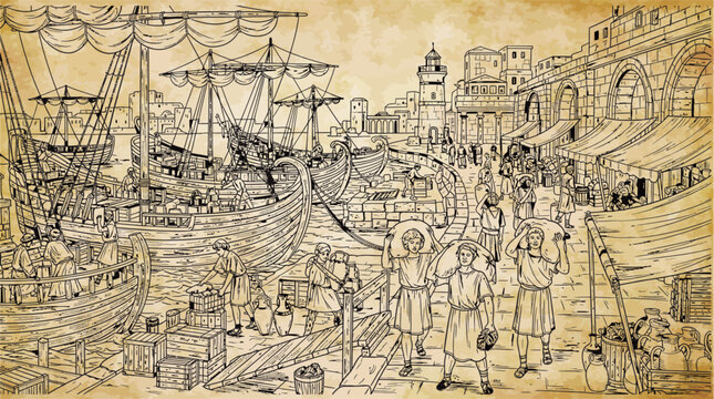 Detailed sepia-toned drawing of a bustling ancient port city with numerous ships, merchants, and workers engaged in trade activities.