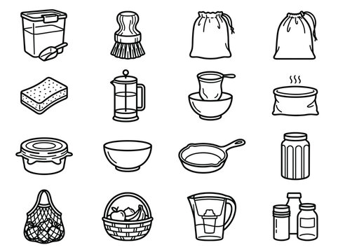 Zero Waste Kitchen: Bulk food bin, wooden dish brush, linen bread bag, compostable sponge, French press, nut milk bag, silicone lid, ceramic bowl, cast iron skillet, mesh produce bag, fruit basket, wa