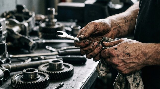 Mechanic working with tools and gears on a workbench in garage  