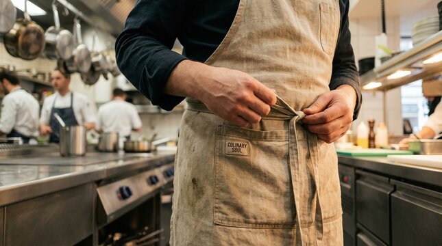 Chef tying apron while preparing food in busy restaurant kitchen  