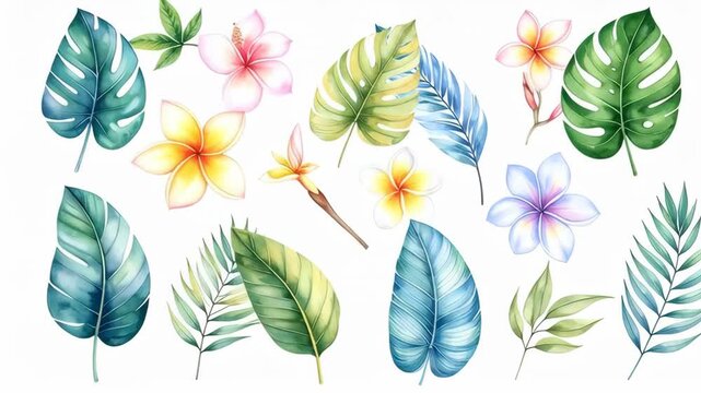 Watercolor tropical leaves and plumeria flowers on white background