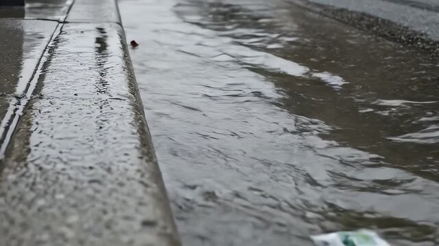 Rising Floodwater Along Urban Street Curb Showing Slow Inevitable Danger &ndash; AI Generated