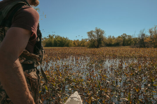 Hunter standing in canoe watching flying ducks