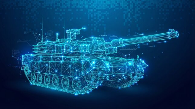 Futuristic Digital Wireframe of Main Battle Tank with Glowing Blue Poly Mesh - Military Defense Concept